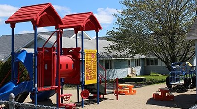 The play yard at the on-campus day care center is seen on a sunny day